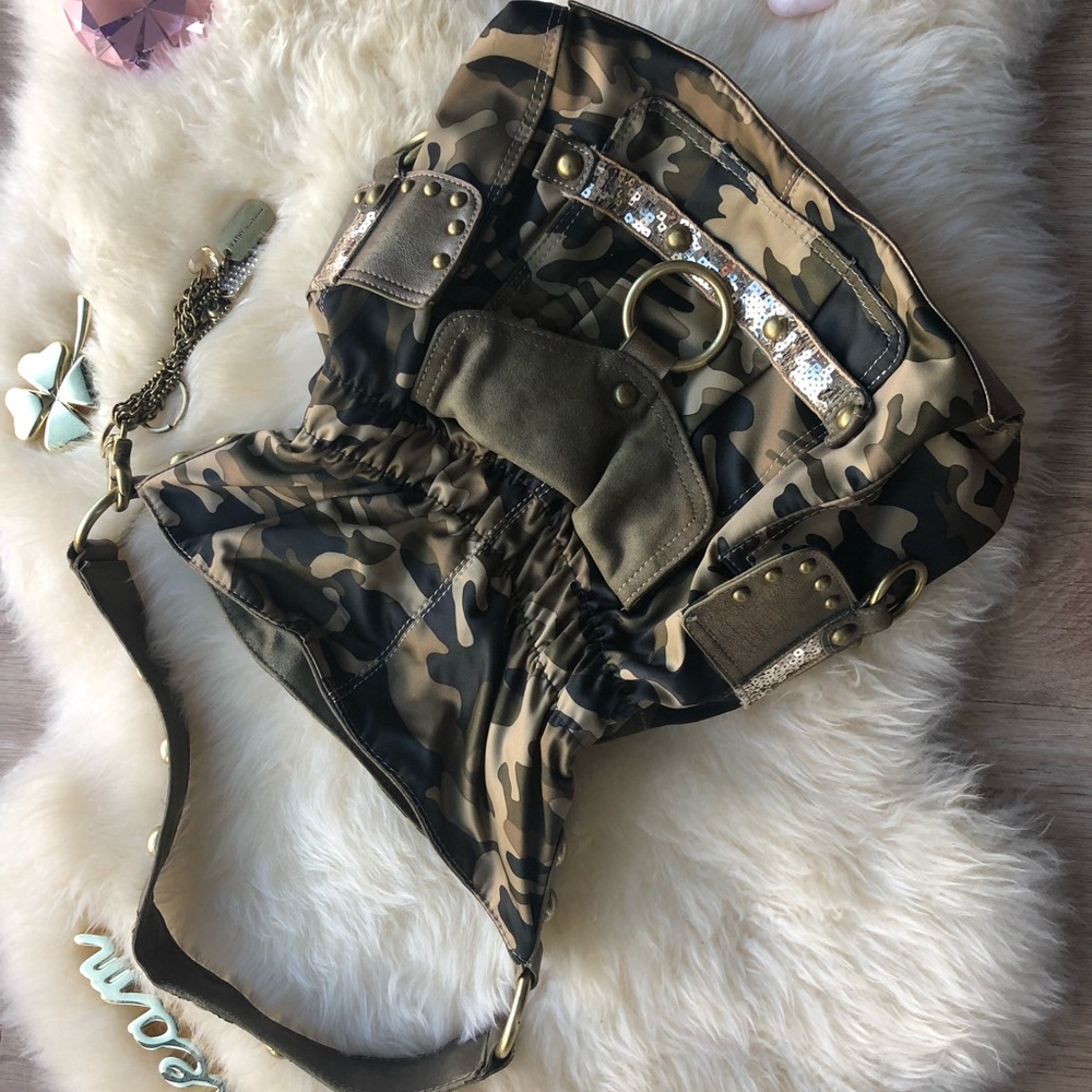 Kathy Van Zeeland Vintage Camo Vegan Hobo Sequin Saddle Shoulder Bag
